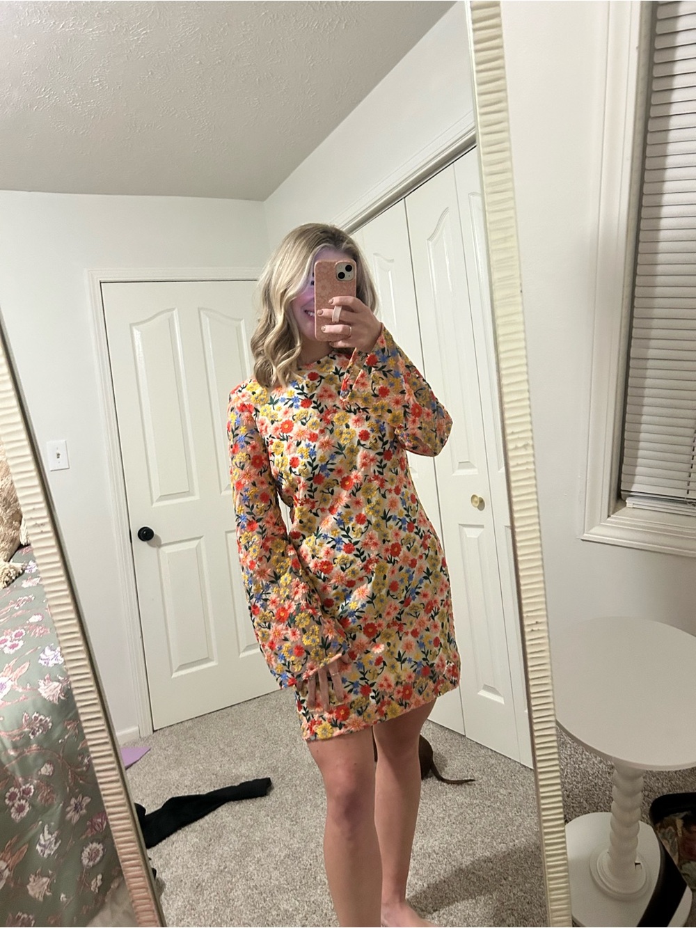 ANTONIO MELANI Yellow Floral Long-Sleeve Mini Dress